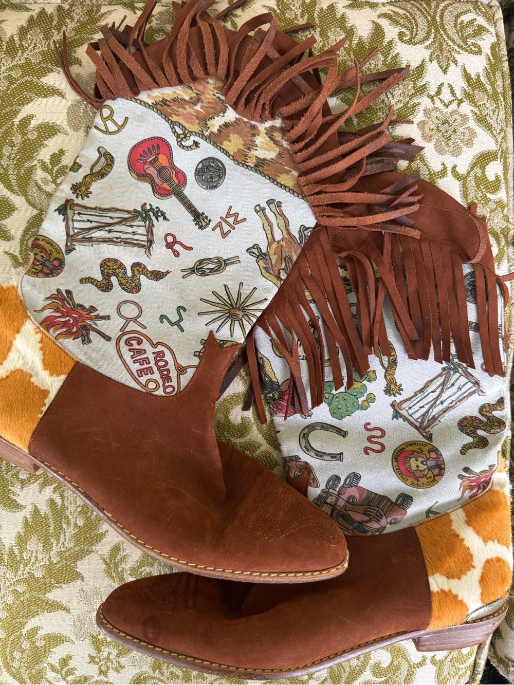 Fringe Vtg Nicole Miller by Stuart Weitzman western boot- Brown & Cream